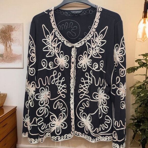 Investments II Cardigan Womens 3X Black Cream V-Neck Button Up Embellished - Picture 2 of 11